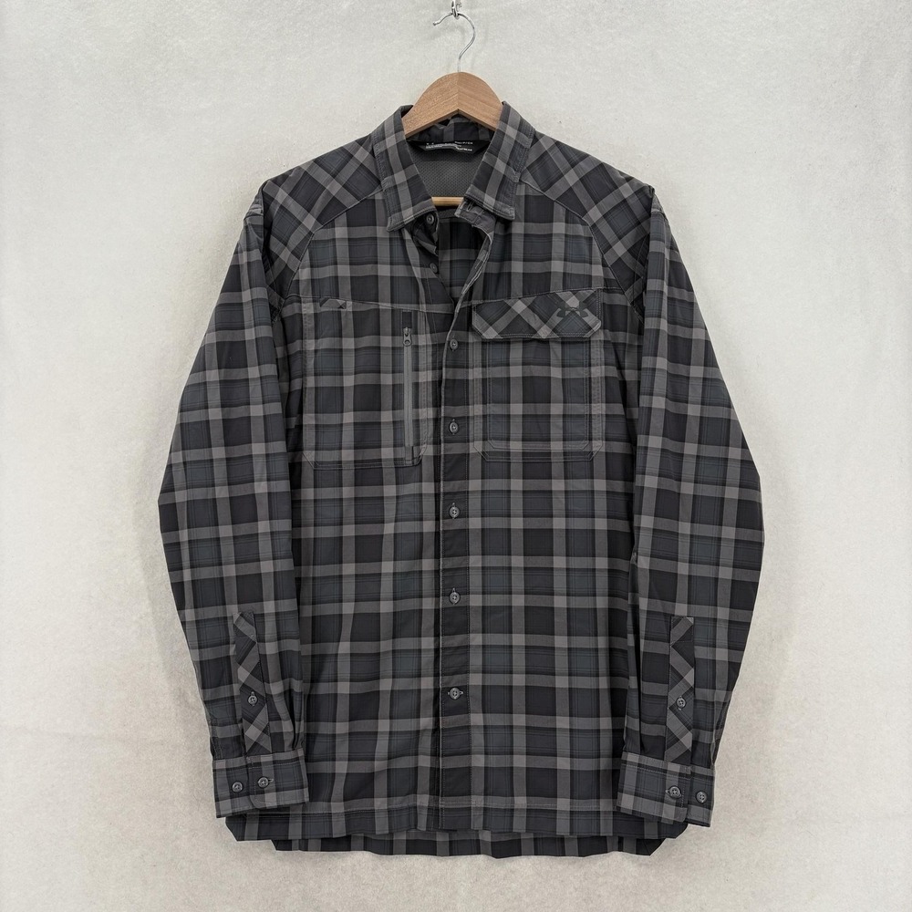Under Armour HeatGear Fish Hunter Shirt Mens Small Gray UPF 50+ Anti Odor Plaid